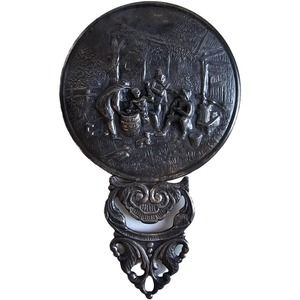 Hallmarked Denmark Hans Jensen Silver Plated Repousse Purse Hand Mirror Vintage